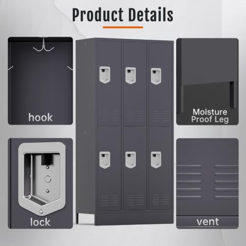 Image of BUTISOW 6 Door Metal Storage Locker for Employees, Heavy Duty Steel School | Locker with Lift Up Handle & Recessed Hasp, Gym Office Lockers with Adjustable Shelves & Hooks, 72 inchH x 35.4 inchW x 15.75 inchD, Grey