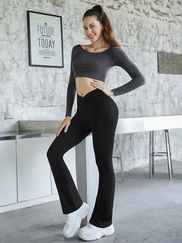 Image of Flare Leggings for Women with Pockets 2pack High Waisted Crossover Flare Leggings Bootcut Yoga Pants