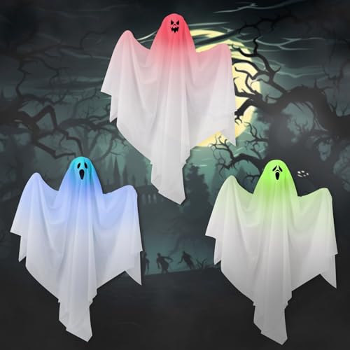 TAVADA 3PCS Fantasmi Halloween da Appendere,Halloween Decorazioni Luminosi,Fantasma Luminoso Volante Spaventoso,per la Decorazione della Festa in Giardino nel Patio del Cortile Anteriore
