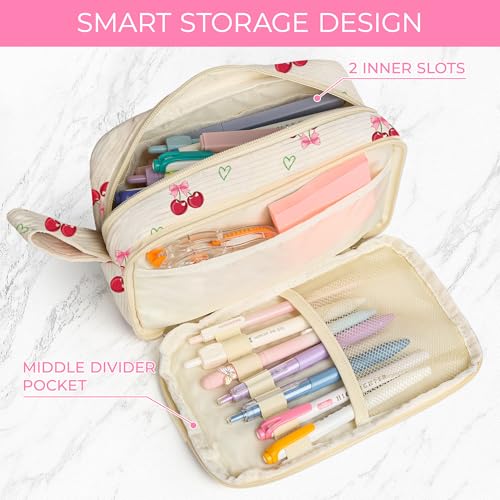 Image of WOBAGMEN Cute Pencil Case,Large Corduroy Zippered Pencil Case Pouch, aesthetic Pencil Bag with Compartments, Pencil Pouch School Supplies (HY-corduroy pc-cherry)