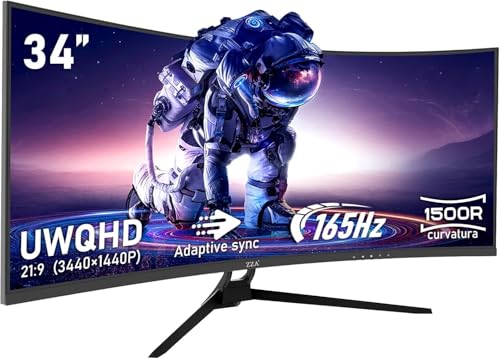ZZA 34 Inch Curved Gaming Monitor WQHD Monitor 3440 x 1440 R1500 up to165Hz Refresh Rate, 1ms Response Time,FreeSync & G-Sync, HDR10, 122% sRGB, DP/HDMI, VESA Mount Compatible