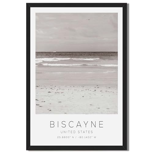 Framed Biscayne Beach Poster Canvas Print Art Minimalist Aesthetic Contemporary Wall Art Painting Pictures Wall Decor Whimsical Home Decor for Living Room Bedroom Office Apartment (Black framed,12L"X16W")