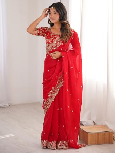 Image of AKHILAM Women's Shimmer Satin Sequence Embroidery Saree With Unstitched Blouse Piece(AARYAN21401 KR Parent)