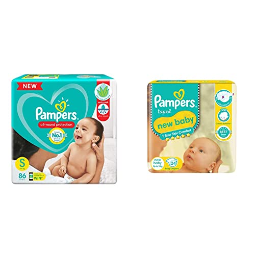 Image of Pampers All round Protection Pants, Small size baby diapers (S) 86 Count, Lotion with Aloe Vera & Pampers Active Baby Diapers, New Born, Extra Small, (NB, XS) size, 24 Count, Taped style diaper