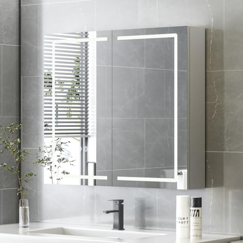 HySail Spiegelschrank Bad mit Beleuchtung, 3 Farbtemperaturen & Dimmbare Helligkeit, 80x70x14 cm Badezimmer Spiegelschrank mit Touch-Schalter, Anti-Beschlag & Steckdose, Komplett Vormontiert