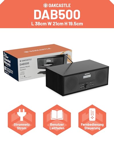 DAB Radio mit CD Player und Bluetooth | 60W Stereoanlage | Kompaktanlage mit USB | CD Player HiFi | UKW Radio Musikanlage | Digitalradio mit CD Player & Fernsteuerung | Küchenradio | OAKCASTLE DAB500