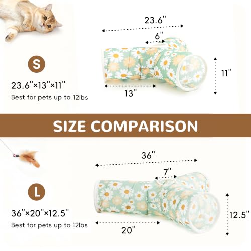 Image of Tempcore Cat Tunnel, 3-Way Collapsible Toy, Large Size Daisy Green Printed | Large Size 3-Way Cat Tunnel Provides More Room for Cats to Run, Hide and Chase, with Peek Holes, Hanging Ball and Teaser Wand