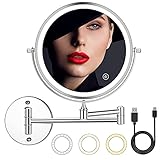 2000mAh Rechargeable Wall Mounted Makeup Mirror with Light 8inch 1X/10X Magnifying Lighted Makeup Mirror 3 Color Mode,Adjustable Light,Touch Screen,Charge by USB,Extendable for Bathroom Hotels
