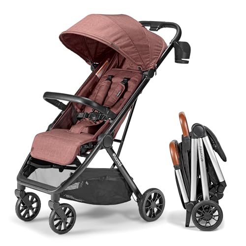 Image of Bombi Bēbee V2 Lightweight Baby Stroller - Premium Vegan Leather, One-Hand Fold, Infinite Recline, Aircraft-Grade Aluminum Frame, XXL Canopy, and Ample Storage Umbrella Stroller - Desert Berry