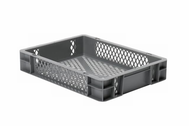 1a-TopStore Transport-Stapelkorb, Grau, Wände u. Boden durchbrochen, 400x300x75 mm, ohne Grifföffnungen, aus lebensmittelechtem PP