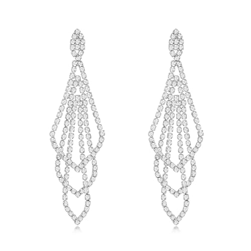 Silver Rhinestone Rectangle Dangle Earrings for Women Cubic Zirconia Crystal Dangle Earrings Long Chandelier Earrings Multi Layer Tassel Earrings Wedding Bridal Jewelry