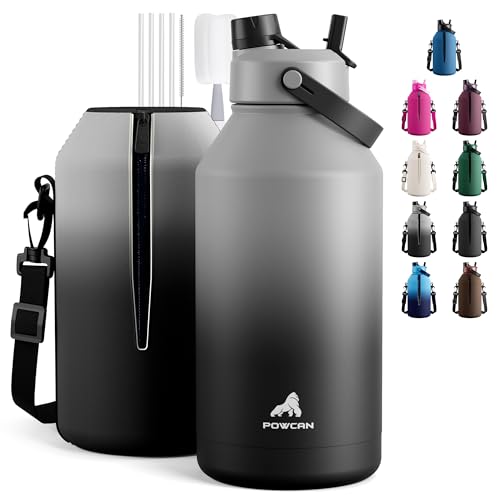 Image of POWCAN 64 oz Insulated Water Bottle with 2-in-1 Straw and Spout Lid, Keep Cold 48H, Leakproof, Carrier Bag, Stainless Steel Sport Water Bottle for Men, Fitness, Outdoors, Gym and Travel (Obsidian)