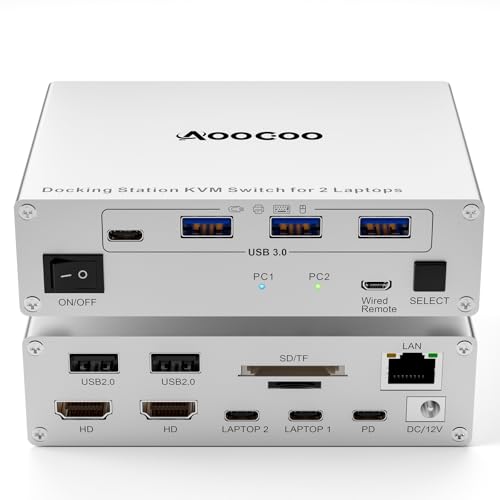 Image of USB C KVM Switch 2 Monitors 2 Laptops,4K @60Hz MST Dual Monitor KVM Switch for 2 Computer, 100W PD and 1G Ethernet,Wired Remote Control and USB C Cables,Silver 11 cm