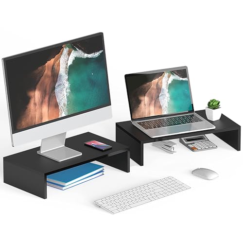 FITUEYES 2 Pack Monitor Stand - Computer Monitor Riser, Wood Desktop Stand for Laptop TV Computer Screen, Desk Organization, Office Supplies, Black, DT104202WB