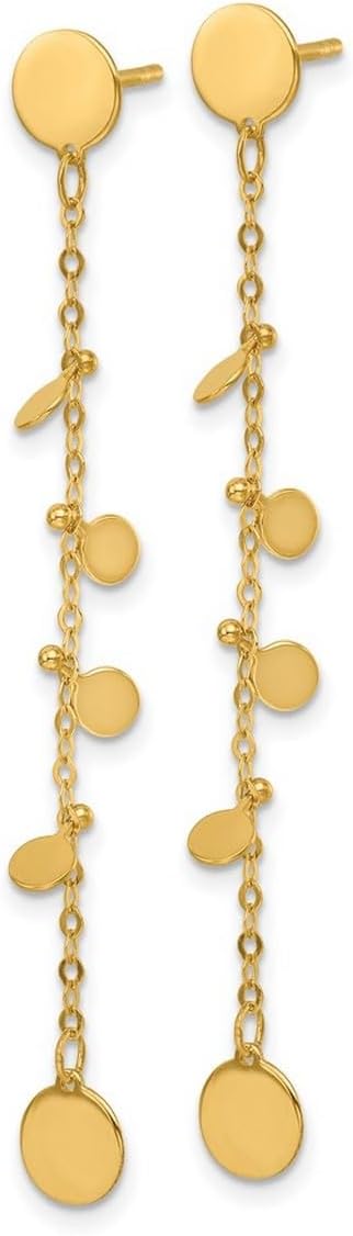 14k Solid Yellow Gold Disc and Bead Dangle Post Earrings 57x6mm Wide Dangle Earring for Women - Image 3
