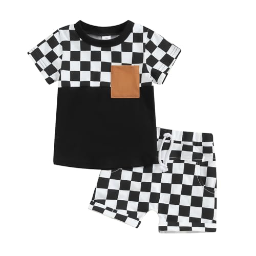 Toddler Baby Boy Girl Checkerboard Clothes Block Color Casual T-Shirt Top Plaid Jogger Shorts 2Pcs Summer Outfits (Black White, 12-18 Months)