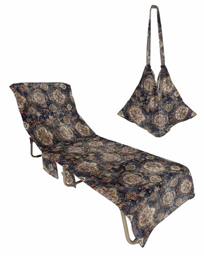 Brown Blue Geometric Beach Lounge Chair Towel Cover, Soft Chaise Lounge Towel with Side Pockets Patio Pool Chairs Cover for Beach/Pool Sunbathing 29x85 Boho Ethnic Abstract Art