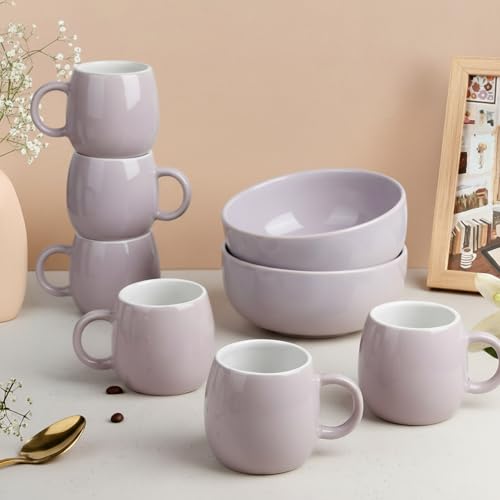 Image of The Earth Store Solid Lavender Snack Bowl & Tea Cup Combo | 2 Bowls 500ML & 6 Cups 190ML | Microwave & Dishwasher Safe - Multipurpose Combo for Gifting, Coffee, Snacks