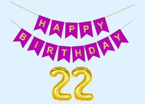 Image of 22nd Happy Birthday Decoration Kit Purple for 22 year Old Boys Girls Men with Number Twenty-two Party Decorations Decor Celebration Items Item Set Combo Reusable Paper Banner