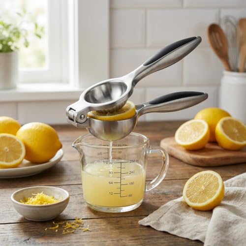 Profesyonel Paslanmaz Çelik Limon Sıkacağı, Manuel Narenciye ve Limon Presi, Ergonomik Kollu, Kolay Yıkanabilir, Büyük Boy (24 cm) Mat Doku