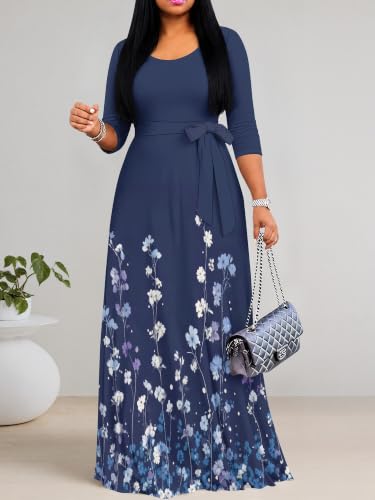 Image of PinkPatty Plus Size Maxi Dress for Women Casual V Neck 3 /4 Sleeve Boho Printed Long Dress with Pockets