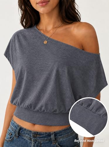Image of SOFIA'S CHOICE Women's Off The Shoulder T Shirt Crop Top Casual Summer Dolman Sleeve Asymmetrical Cinched Waist Tops