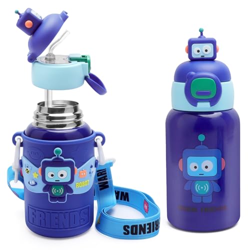 Edelstahl Kinder Trinkflasche 450ml mit Strohhalm – Roboter Design Thermosflasche mit Hülle & Tragegurt – BPA Frei Auslaufsichere Wasserflasche für Schule 1. Klasse, Kindergarten, Jungen, Mädchen