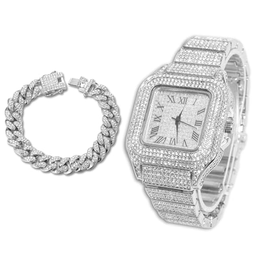 Montre Diamant Iced Out Homme avec Bracelet Large 20MM Plaqué Or 18K et Chaîne Cubaine