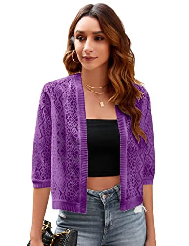 Image of Xunger Women's 3 /4 Sleeve Lace Cardigan Casual Open Front Floral Lace Shrug Summer Cover Up