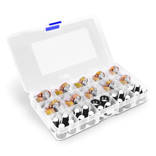 YELUFT 80pcs WH148-B Potentiometer Kit with Knobs 1kΩ 2kΩ 5kΩ 10kΩ 20kΩ 50kΩ 100kΩ 250kΩ 500kΩ 1MΩ Potentiometers Assortment with Plum Handles and Tapered Knobs(Come with Nuts & Washers)