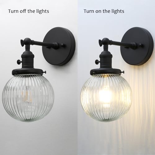 Image of PERMO Vintage Industrial Wall Sconce Matte Black Single Wall Sconces with 5.9 inch Round Clear Globe Ribbed Glass Shade Hardwired Wall Light for Bedroom Livingroom Office