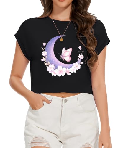 Image of Womens Crop Tops Summer Roll Cap Sleeve Cropped Tshirt Loose Fit Basic Tees