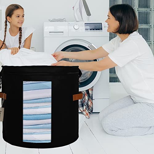 Aiviin Hat Boxes For Women & Men,19" D X 17" H Portable Felt Organizer Bucket Large Capacity Round Travel Case With Dust Proof Lid Detachable Straps Stuffed Animal Toys And Clothes Storage Bin (Black) #TOP5