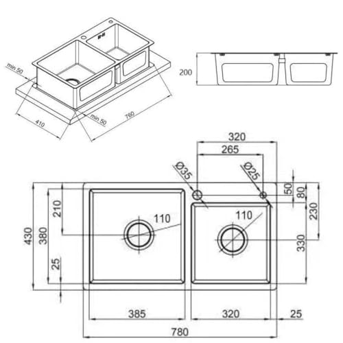 HaTur Spuelbecken Küchenspülen aus Edelstahl Doppelte Schüssel 2 Becken Spüle Hausspüle Gemüsebecken Arbeitsplatz-Küchenspüle Set, 78 * 43 * 20 cm (Silber)