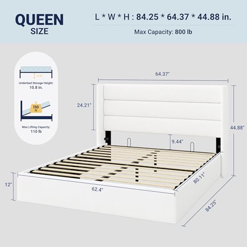 Image of Allewie Queen Size Velvet Lift Up Storage Bed, Modern Wingback Headboard, Hydraulic Support, No Box Spring Needed, White