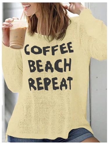 Image of Verdusa Women's Beach Cover Up Sweaters Letter Print Long Sleeve Crochet Crew Neck Knit Sweater Summer Tops