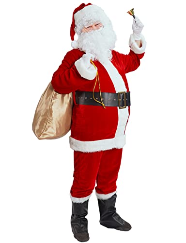 Gardentime Santa Claus Costume For Men Santa Suit Adult 11Pcs Christmas Deluxe Red Velvet Outfit Xmas Holiday Party Cosplay M #TOP2