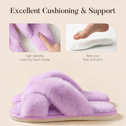 Image of Ankis Memory Foam Fuzzy Slippers for Women,Open Toe House Shoes | Faux Fur Cross Band,Indoor Outdoor Slippers, Anti-Slip, Comfy, Cozy, Fluffy, Gifts for Women, Mom Bride Bridesmaids