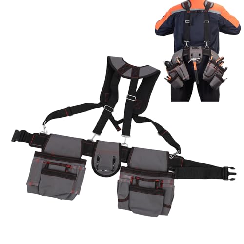 Tool Belt with Suspenders Pockets, Adjustable Tool Bag Tool Pouch for Carpenters Electricians Gardening, Reinforced Rivets and Double Stitching, Multi Pockets and Magnet Pocket