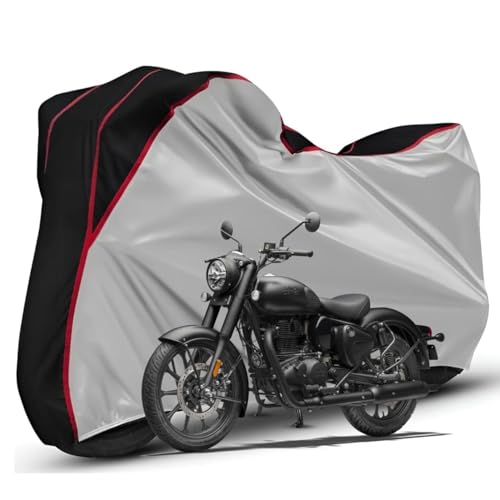 Image of Waterproof Bike Body Cover Compatible with RE Classic 350 Dustproof Scratchproof - Motorcycle Cover for Two Wheeler, Outdoor Full Cover with UV, Duty, Rain Protection (Silver Top Black) R1