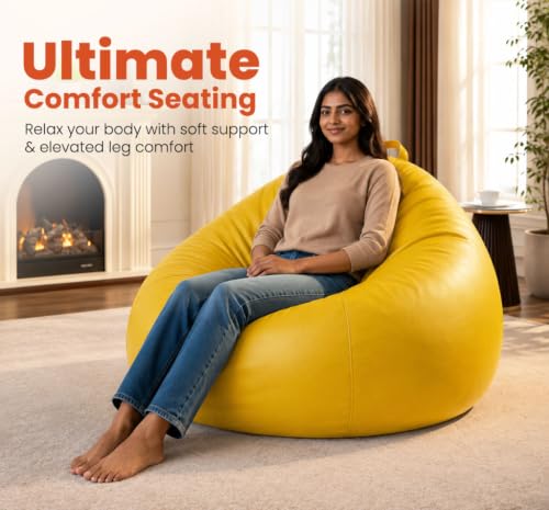 Image of Sattva Classic 4XL Bean Bag Chair with Beans Filled | Sofa Style Faux Leather Beanbags with Beans | Comfortable Bin Bags Sofa for Adults & Teens, Living Room & Office | Yellow