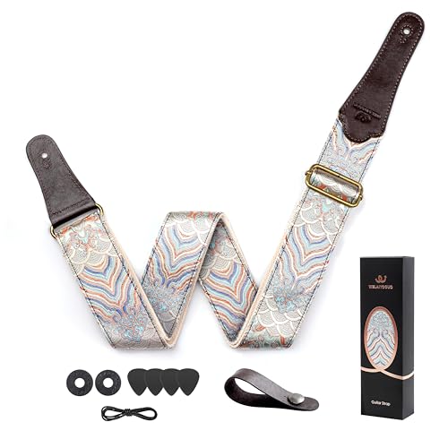 WELAIYOOUQ Guitar Strap, Electric& Acoustic Bass Guitar Straps,Embroidered Filament with Head Cowhide Leather Strap, with Free Strap Button,2 Guitar Strap Locks，4Guitar Pick (Blue Water Pattern)