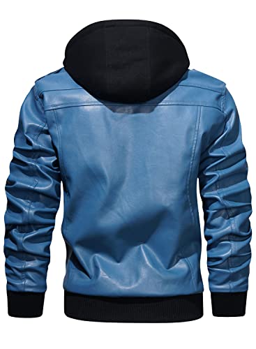 Image of HOOD CREW Men's Casual Stand Collar PU Faux Leather Zip-Up Motorcycle Bomber Jacket With a Removable Hood