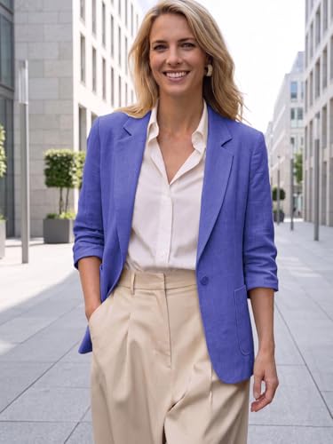 Image of Mina Self 2026 Summer Women's Linen Blazer Jacket - Lightweight Breathable 3 /4 Stretchy Ruched Sleeve Casual Work with Pocket