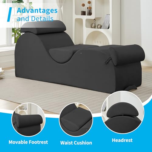Mjkone Yoga Chair for Adult, Velvet Yoga Chaise with Headrest, Waist Cushion, Movable Footrest, Side Pockets, Curved Chaise Lounge Chair Indoor for Relaxation Stretching - Dark Grey - Thumbnail 3