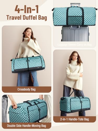 Image of Lekesky Foldable Travel Duffle Bag for Women, Large Duffel Bag with Separate Shoes Compartments & Straps, Carry On Weekend Bag for Women, Hospital, Overnight (Green Gingham, 80L)