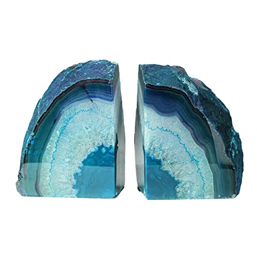 Amoystone Teal/Green Agate Bookends Heavy Book Ends 1 Pair Large Stone Bookends 6-8 Lbs With Rubber Bumpers For Office Bookshelf #TOP1
