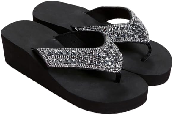 Women's Rhinestone Platform Flip Flops Summer Platform Slides Wedge Sandals Slip On Comfortable Flip-flops