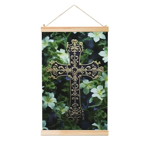 Poster croix noire et fleurs vertes pour créer une ambiance zen dans votre salon