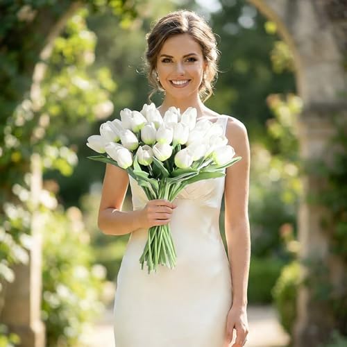 Image of 20Pcs Stems 13.5 Inch Light Green PU Artificial Moisturizing Tulips, Faux Tulips Flowers for Thanksgiving Christmas Decorations Wedding Home Table Vase Floral Arrangements
